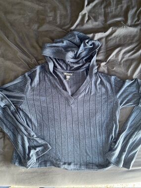 Athleta Harmony Pose Blue V Neck Ribbed Hooded Sweater Women’s XS